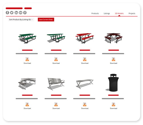 Manufacturer 3d models page sample displaying benches, picnic tables, and recycling receptacle and sketchup icons.