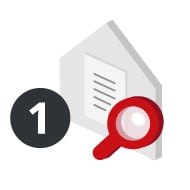Specifications Step 1 3D House Icon with Document and Red Magnifying Glass Icon Specifications Step 1 3D House Icon with Document and Red Magnifying Glass Icon