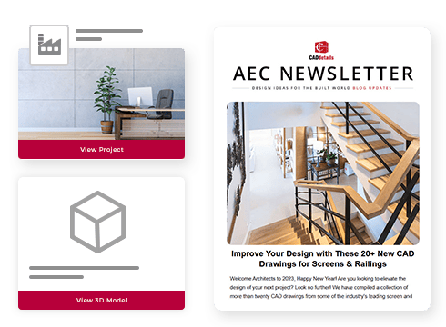 Inspirational project and 3d model feature placement previews to left of aec newsletter sample.