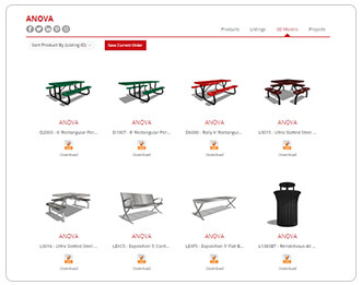 Microsite displaying 2 green picnic tables 1 red 1 brown and 3 silver and black trash receptacle