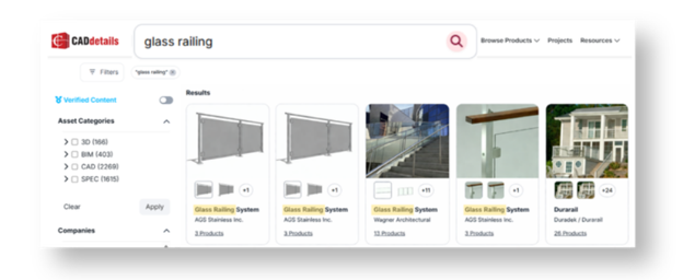CADdetails search results for "glass railing" with matching terms highlighted in product names.