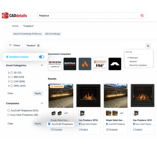 CADdetails search results for "fireplace" with filters for verified content, asset categories, and companies.