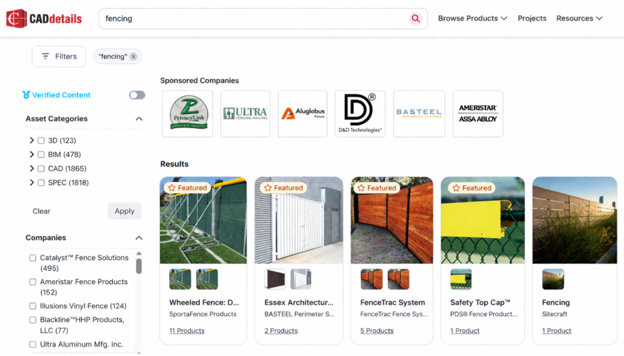 CADdetails search results for "fencing" with sponsored companies, featured products, and search filters.