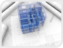 Blue 3D Rendered building on project plan