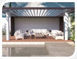 3D SketchUp rendering of outdoor area with white couch seating